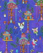 Fairy treehouses fairies butterflies mushrooms periwinkle blue stars fabric for baby quilts nursery and children's patchwork projects