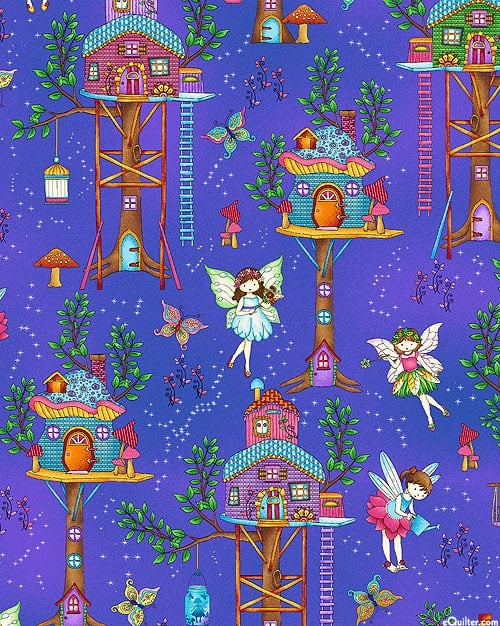 Fairy treehouses fairies butterflies mushrooms periwinkle blue stars fabric for baby quilts nursery and children's patchwork projects