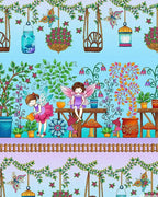 Border stripe fairies garden hanging baskets plants butterflies mushrooms aqua purple fabric for baby quilts nursery and children's projects