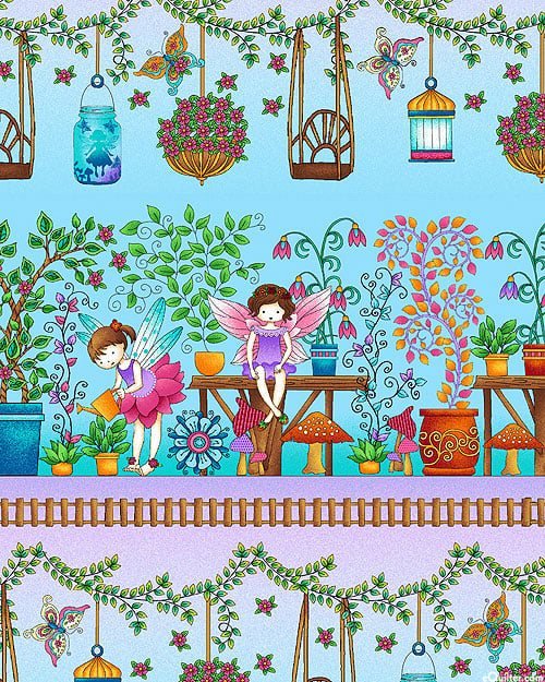 Border stripe fairies garden hanging baskets plants butterflies mushrooms aqua purple fabric for baby quilts nursery and children's projects