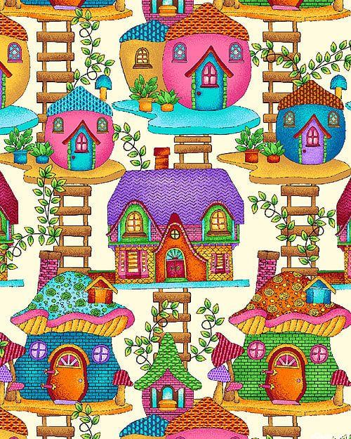 Colourful fairy treehouses platforms ladders mushrooms cream fabric for baby quilts nursery and children's patchwork projects