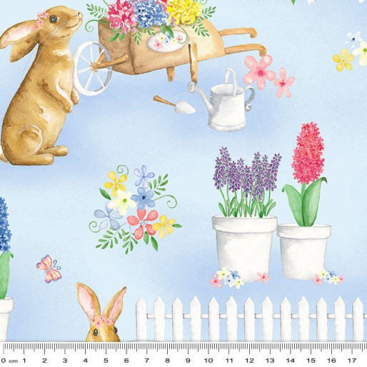 Bunnies & Blossoms: Bunny Garden (Blue) - Three Wishes Patchwork Fabric