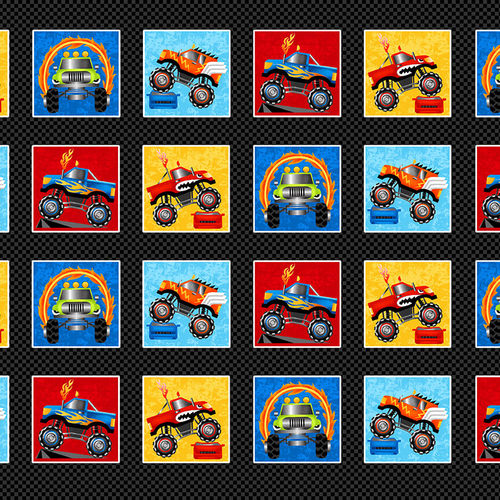 Monster Truck: Block Panel  by Henry Glass - Three Wishes Patchwork Fabric