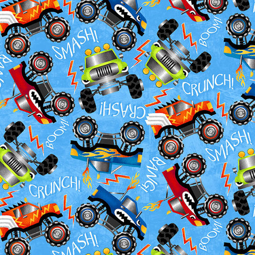 Monster Truck:  Tossed Trucks  by Henry Glass - Three Wishes Patchwork Fabric