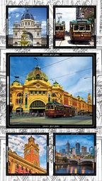 Melbourne landmarks panel trams Flinders Street Station colourful blocks fabric for tote bags wall hangings and Australian-themed projects