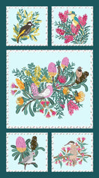 Native Bouquet panel Australian flora fauna banksia protea galah kingfisher aqua fabric for wall hangings cushions and patchwork projects