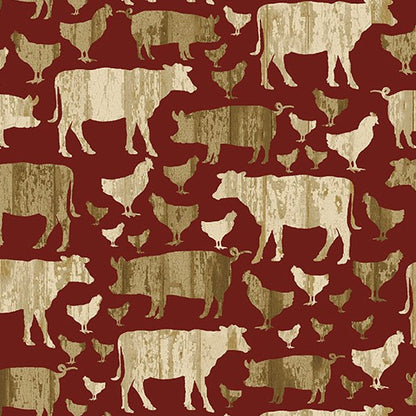 Quilt Barn Prints: Large Farm Animals (Red)