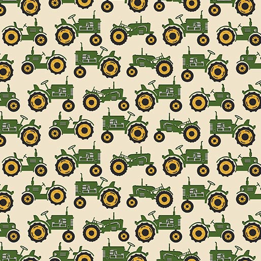Quilt Barn Prints: Tractor Cream/Green by Benartex