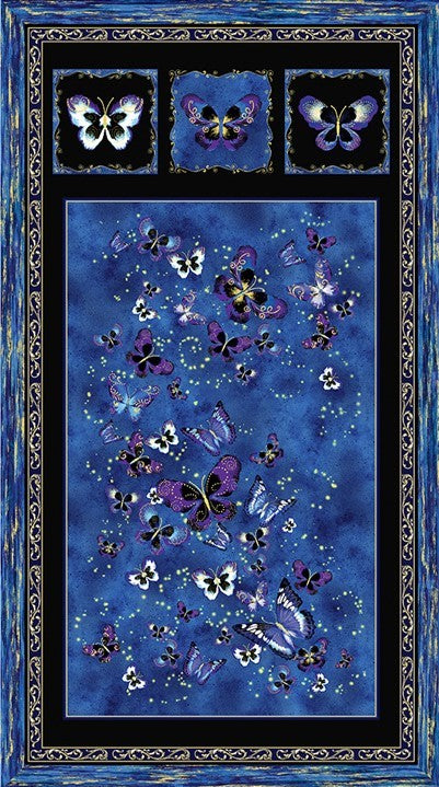 Butterfly panel royal blue purple gold quilting patchwork fabric