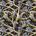 Koalas eucalyptus trees golden branches leaves black fabric for Australian-themed quilts and wildlife projects