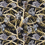 Koalas eucalyptus trees golden branches leaves black fabric for Australian-themed quilts and wildlife projects