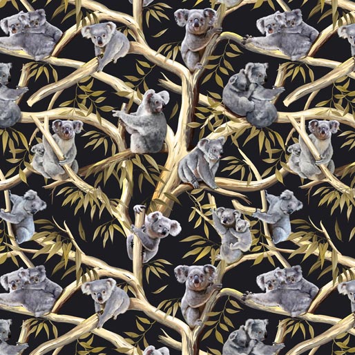 Koalas eucalyptus trees golden branches leaves black fabric for Australian-themed quilts and wildlife projects