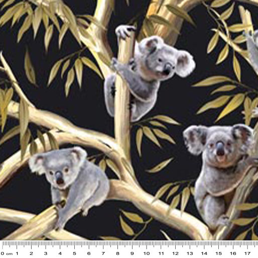Koalas eucalyptus trees golden branches leaves black fabric for Australian-themed quilts and wildlife projects