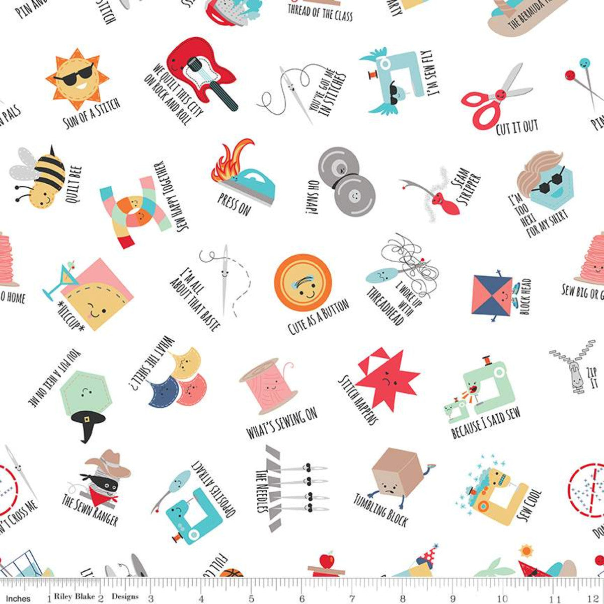 Sew Chatty Pun Toss White by Riley Blake - Three Wishes Patchwork Fabric