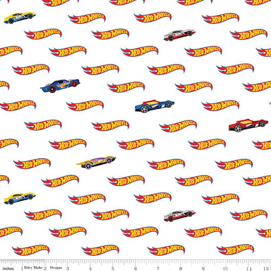Hot Wheels Logo White by Riley Blake - Three Wishes Patchwork Fabric