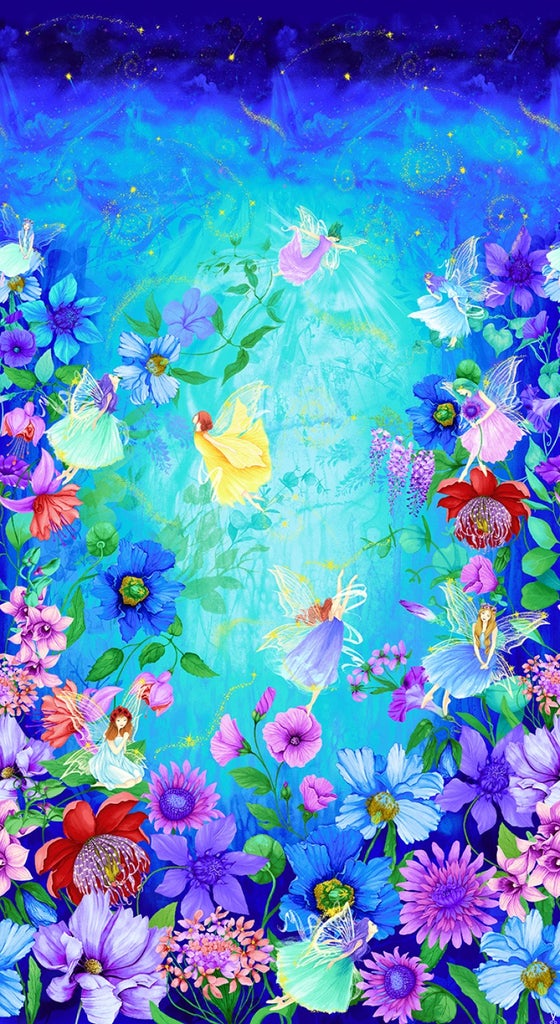 Enchanting fairy panel aqua watercolour vibrant florals fabric for children's quilts and nursery wall hangings