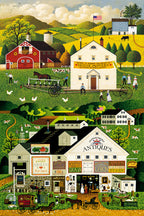 Town and Country panel Charles Wysocki red barn farmhouse covered bridge antiques shop fabric for wall hangings and country-themed quilts