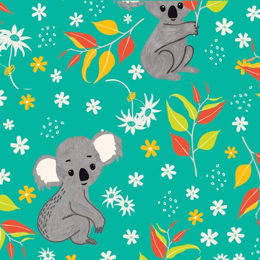 Koala Capers: Koala Turquoise  by Amanda Brandl for KK Designs - Three Wishes Patchwork Fabric