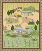 Australian farm scene panel with homestead, vegetable garden, tractor and animals on quilting cotton patchwork fabric for sewing projects