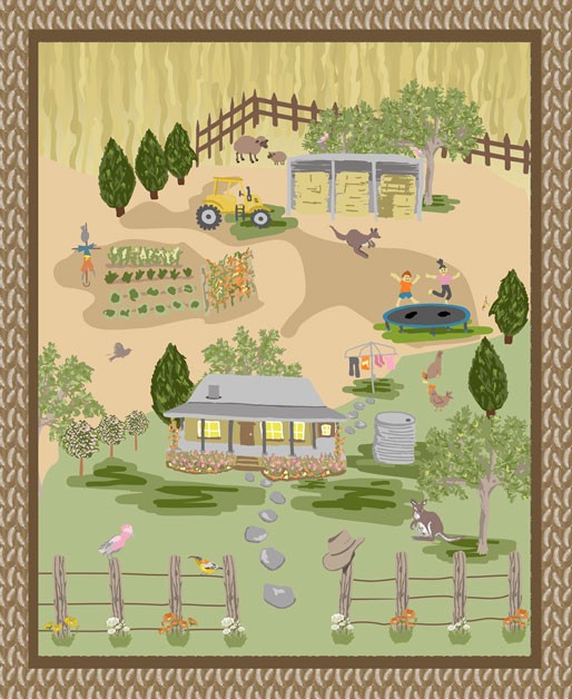 Australian farm scene panel with homestead, vegetable garden, tractor and animals on quilting cotton patchwork fabric for sewing projects