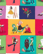 Little Sewists patchwork block fabric in jewel tones with sewing illustrations, perfect for quilts, bags, and dressmaking