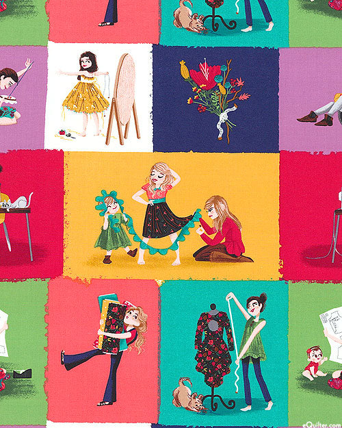 Little Sewists patchwork block fabric in jewel tones with sewing illustrations, perfect for quilts, bags, and dressmaking