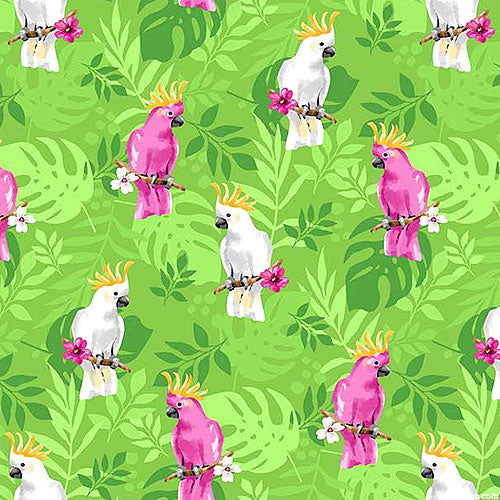 Cockatoo Blossoms (Lime Green) - Three Wishes Patchwork Fabric
