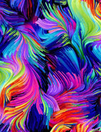 Rainbow brushstrokes on black background digital print in vibrant multi colours for modern quilts and patchwork sewing projects