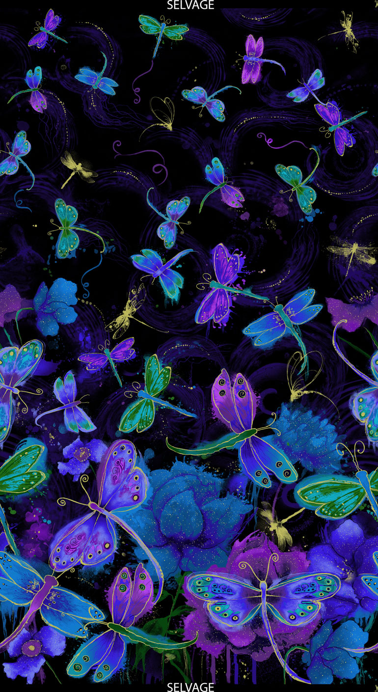 Purple blue dragonflies and butterflies panel with gold metallic accents fabric for panel quilts and wall hangings