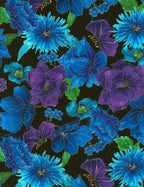 Blue purple flowers on black background with gold metallic accents fabric for feature quilts and patchwork sewing projects