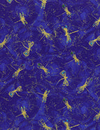 Gold metallic dragonflies on royal blue background fabric for feature quilts and patchwork sewing projects