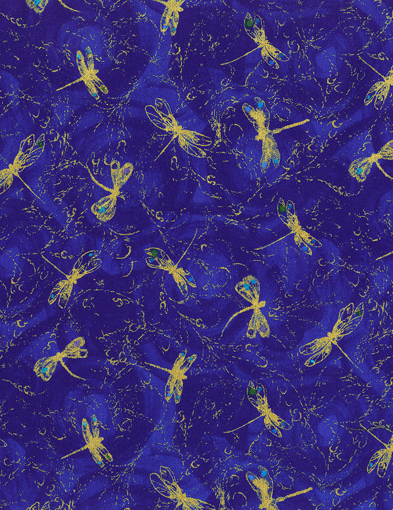 Gold metallic dragonflies on royal blue background fabric for feature quilts and patchwork sewing projects
