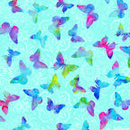 Watercolour butterflies in aqua blue magenta lime green fabric for modern quilts and patchwork sewing projects