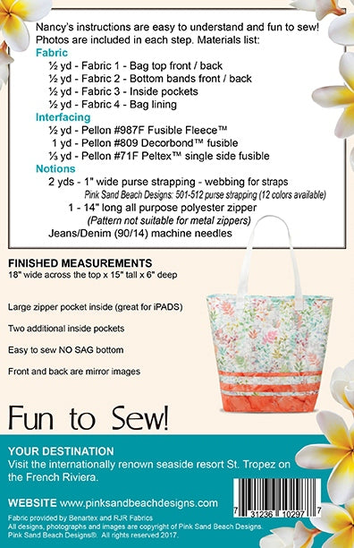 St Tropez tote bag sewing pattern spacious everyday bag with zipper pockets for quilting and patchwork sewing