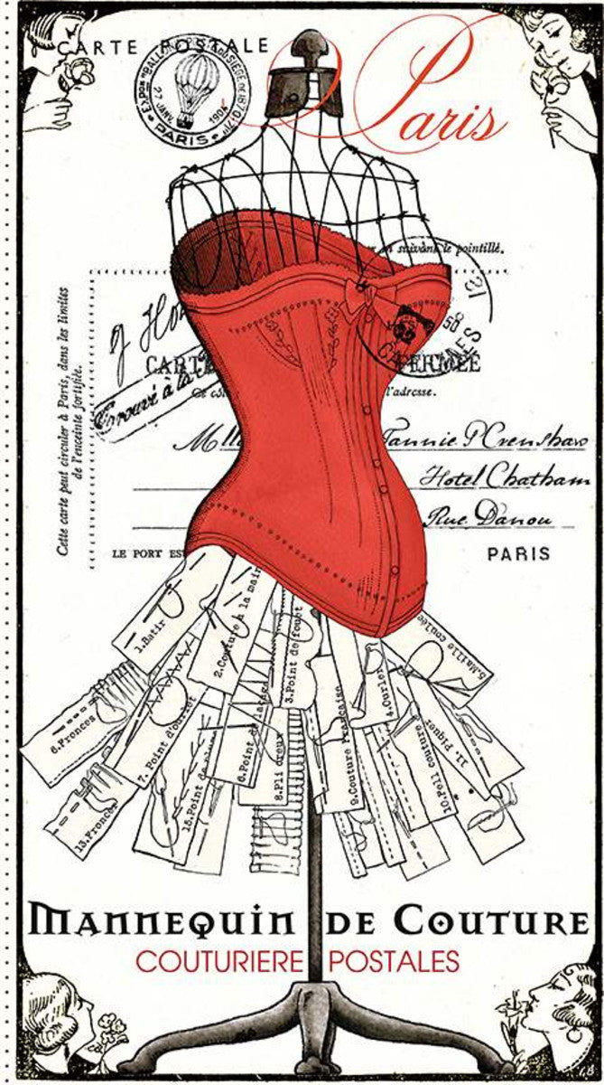 Vintage French dressmaking mannequin panel cream fabric with red corset and French script for quilts and patchwork sewing projects