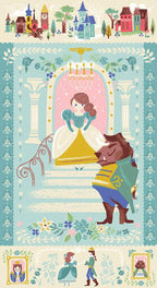 Beauty and the Beast Disney storybook panel with Belle and Beast on castle staircase in blue and gold on quilting cotton patchwork fabric for sewing projects