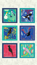 Outback Beauty panel Australian birds black cockatoo galah lyrebird aqua native flora fabric wall hangings cushions patchwork projects