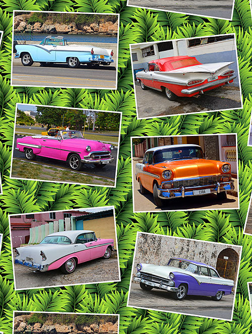 Vintage Cuban cars in vibrant multi colours on jungle green palm leaf background fabric for retro quilts and patchwork sewing projects