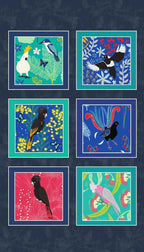 Outback Beauty block panel Australian birds black cockatoo galah lyrebird blue native flora fabric wall hangings cushions patchwork projects