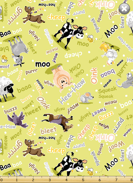 Susybee Barnyard Buddies Animals & Sounds - Green - Three Wishes Patchwork Fabric