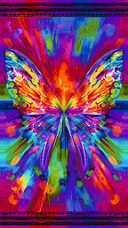 Rainbow butterfly fabric panel in vibrant multi colours for feature quilts and wall hangings