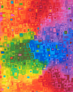 Rainbow geometric squares digital print fabric in vibrant multi colours for modern quilts and patchwork sewing projects