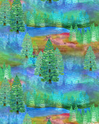 Enchanting watercolour forest evergreen trees green turquoise blue fabric for nature-themed quilts and landscape projects