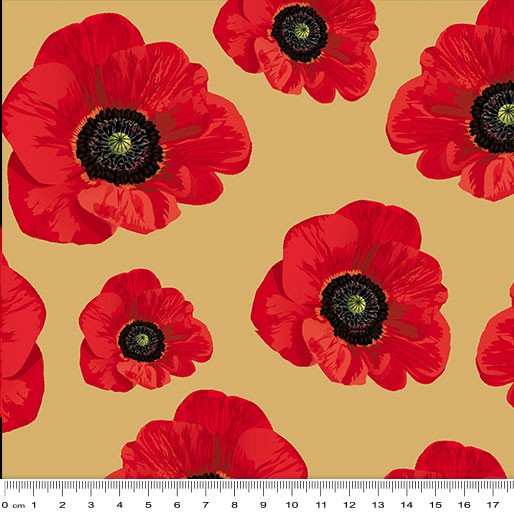 Remembering Anzac: Large Poppies on Beige by KK Designs - Three Wishes Patchwork Fabric