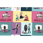 A fabric with illustrations of sewing activities with a dusty rose color scheme