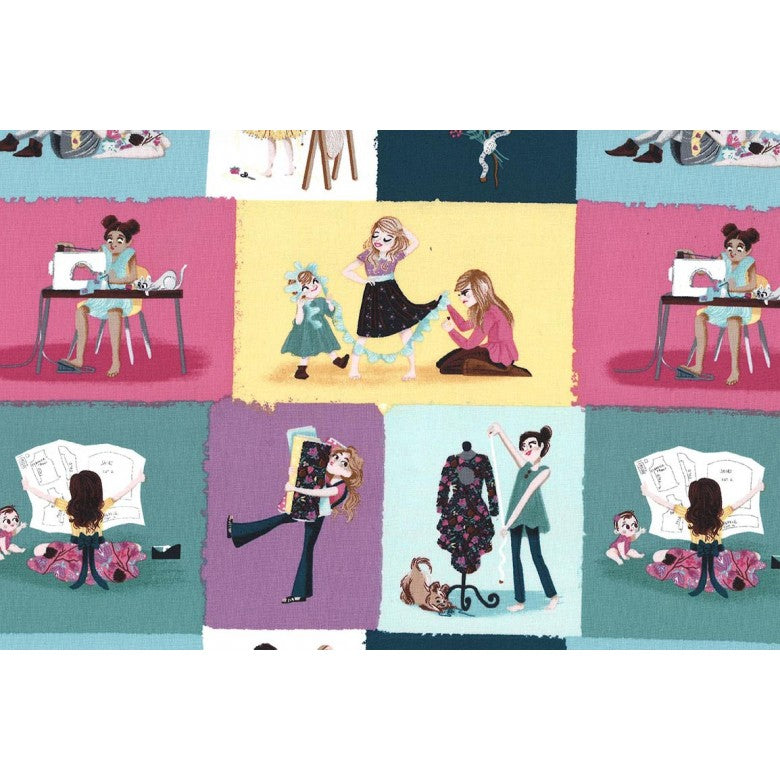 A fabric with illustrations of sewing activities with a dusty rose color scheme