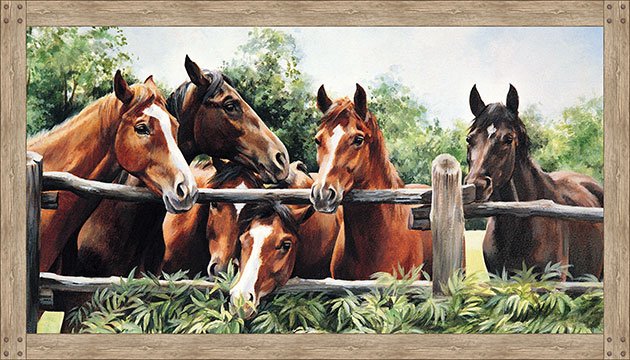 Horses rustic fence wooden frame digitally printed panel fabric for horse-themed quilts and wall hangings