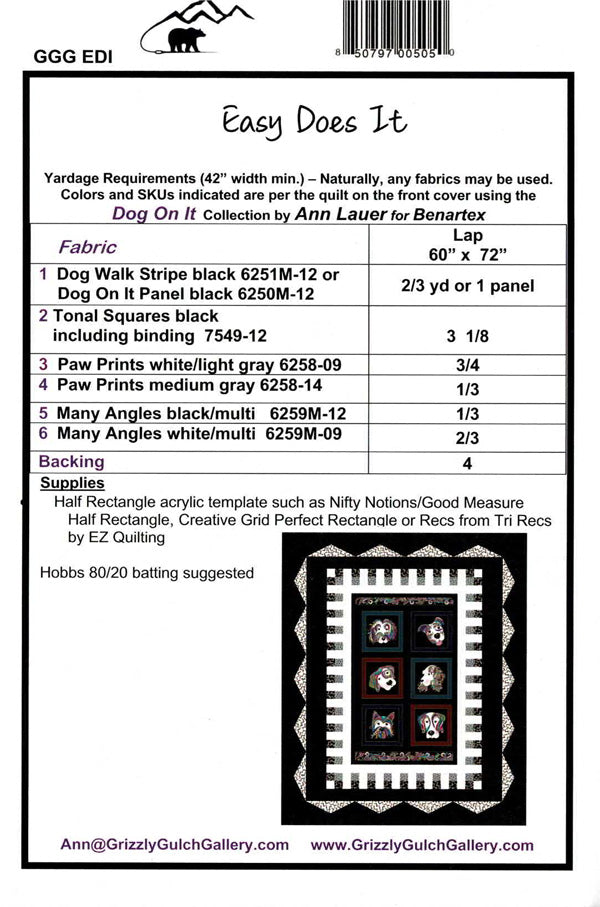 Easy Does It Dog On It Quilt Pattern ONLY - Ann Lauer Grizzly Gulch Gallery