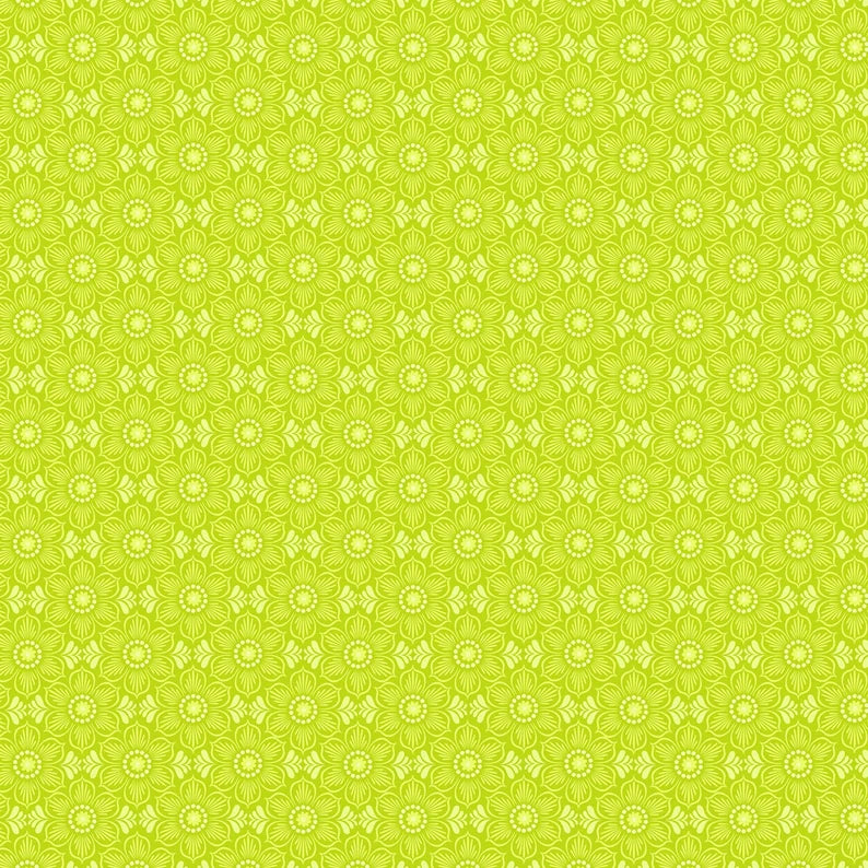 A lime green fabric with a geometric pattern of interlocking flowers