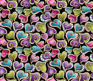 Cat-i-tude Swirling Hearts Black/Multi - Ann Lauer Benartex - Three Wishes Patchwork Fabric